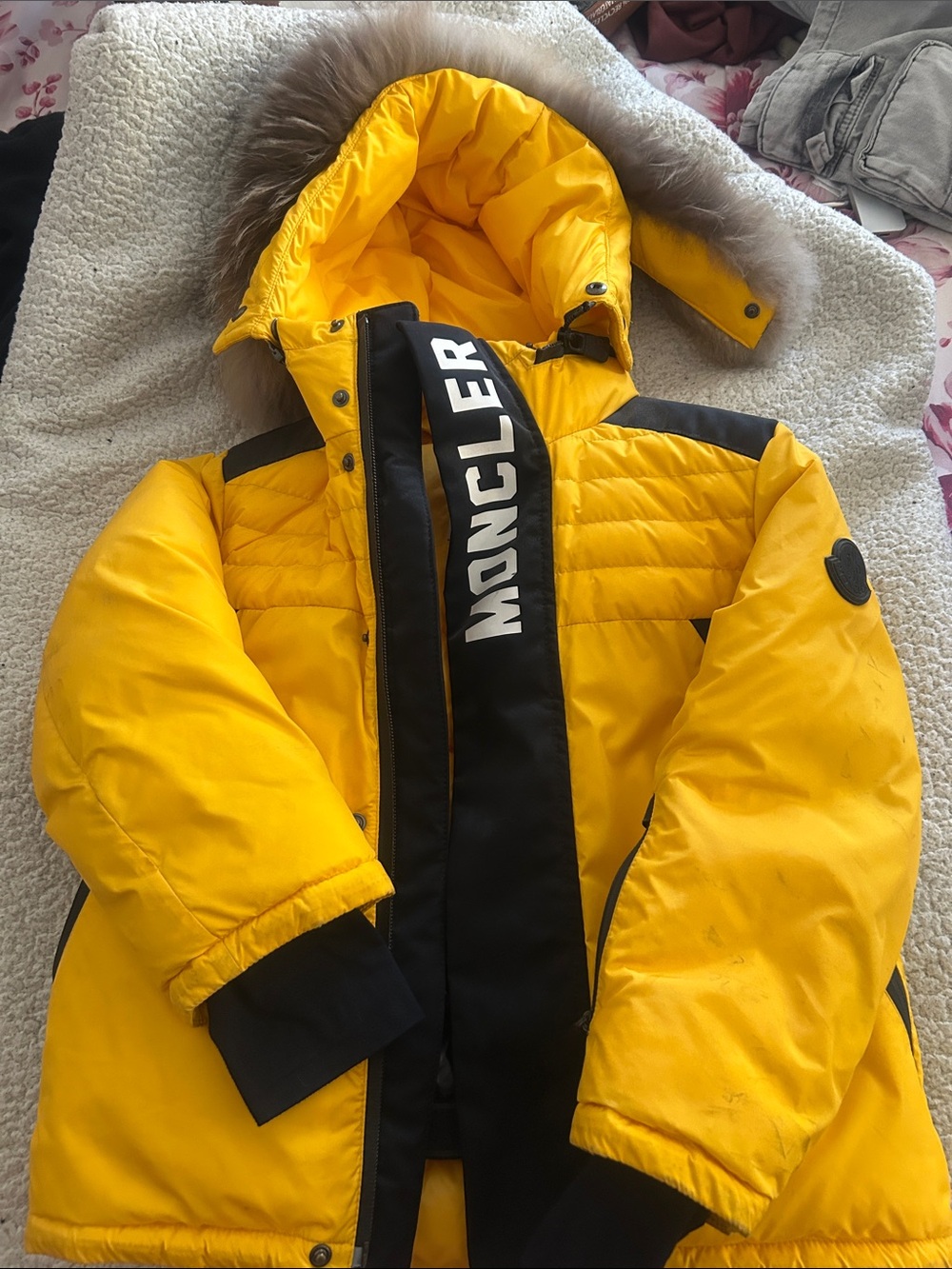 Moncler Kids Yellow Down Puffer Jacket with Black Trim and Fur Hood